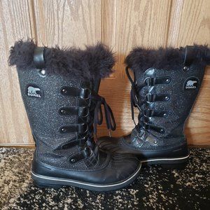 Sorel Tofino Black Glitter Faux Fur Winter Snow Boots Size 8.5
